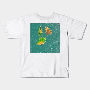 Rainy Leaves on Teal Blue Terrazzo Background Kids T-Shirt